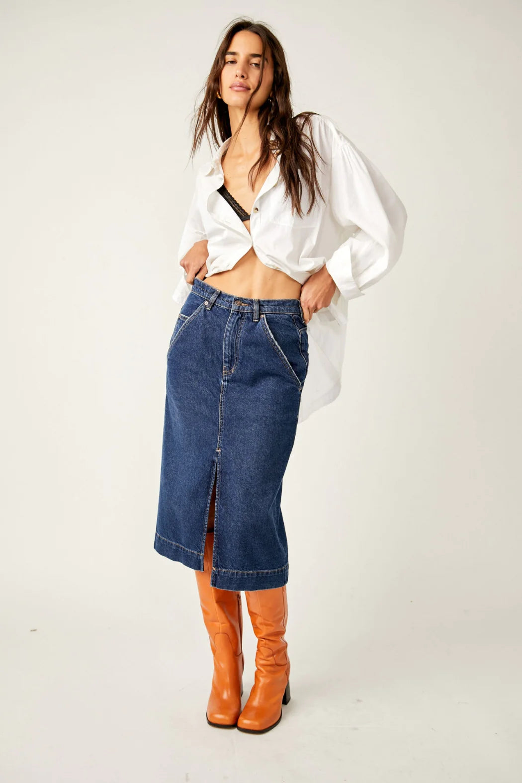 Free People Wild Roses Midi Skirt – A fitted denim midi skirt with a high waist and a sleek, straight silhouette for a modern, stylish look, Dark Indigo