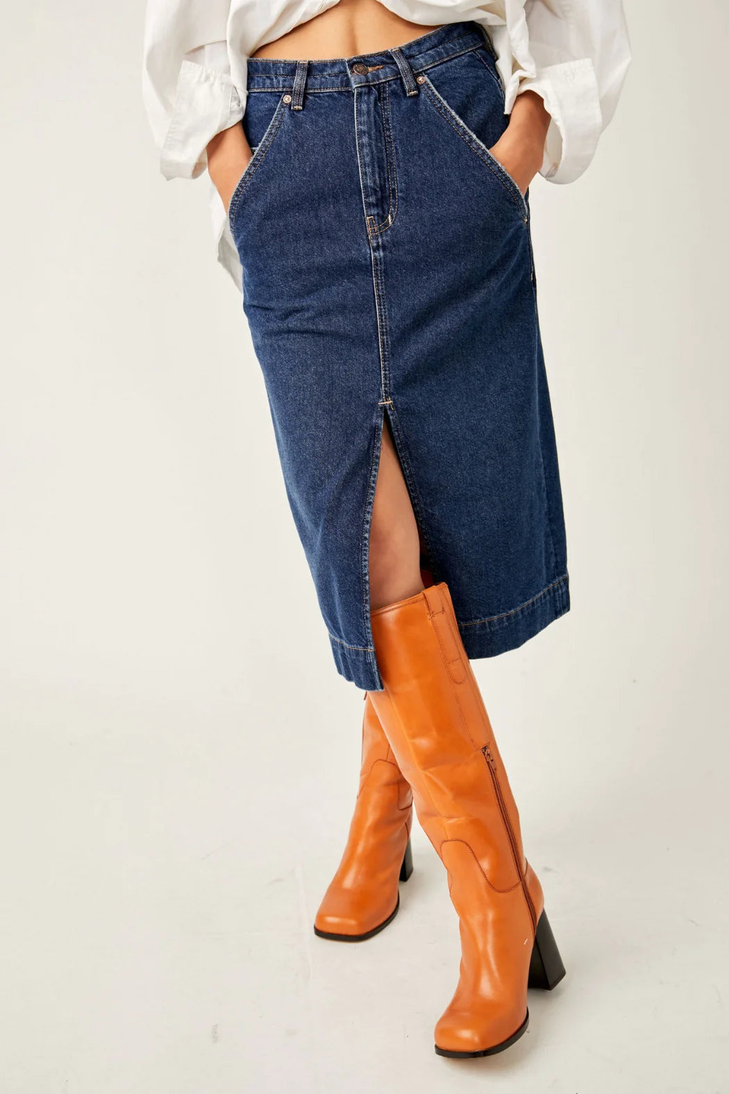 Free People Wild Roses Midi Skirt – A fitted denim midi skirt with a high waist and a sleek, straight silhouette for a modern, stylish look, Dark Indigo