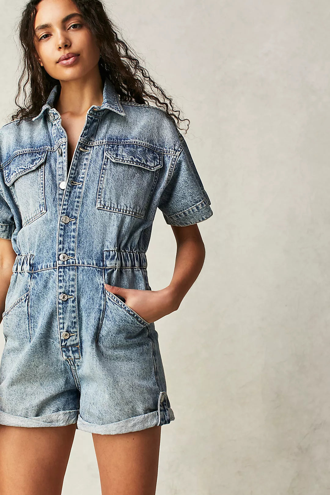 We The Free Marci Cuffed Shortall – A casual denim shortall with cuffed hems and a relaxed fit, offering a comfortable and stylish look, Marrakesh