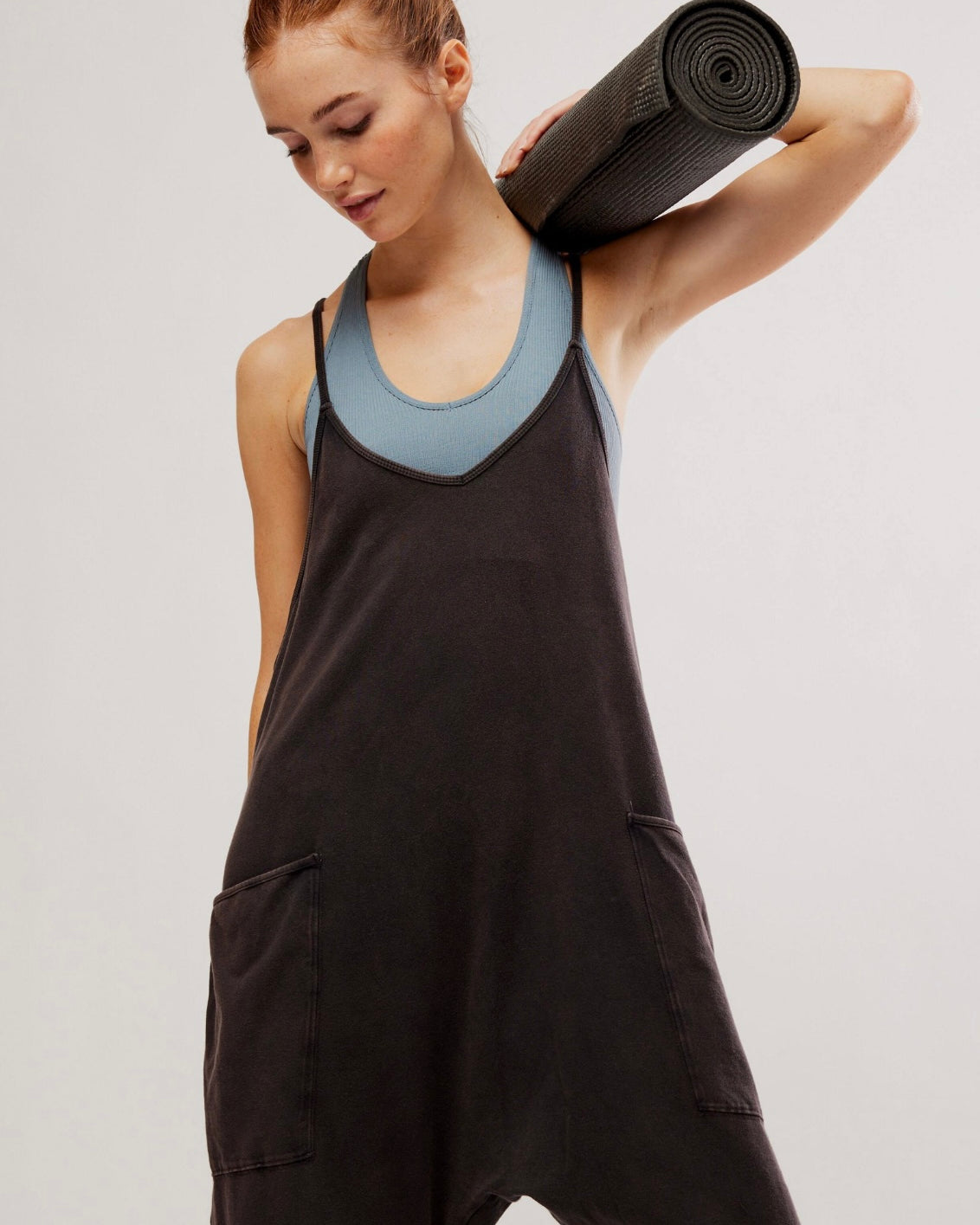 Free People 'Hot Shot' onesie, featuring a slouchy, oversized fit with dropped crotch and pockets, washed black