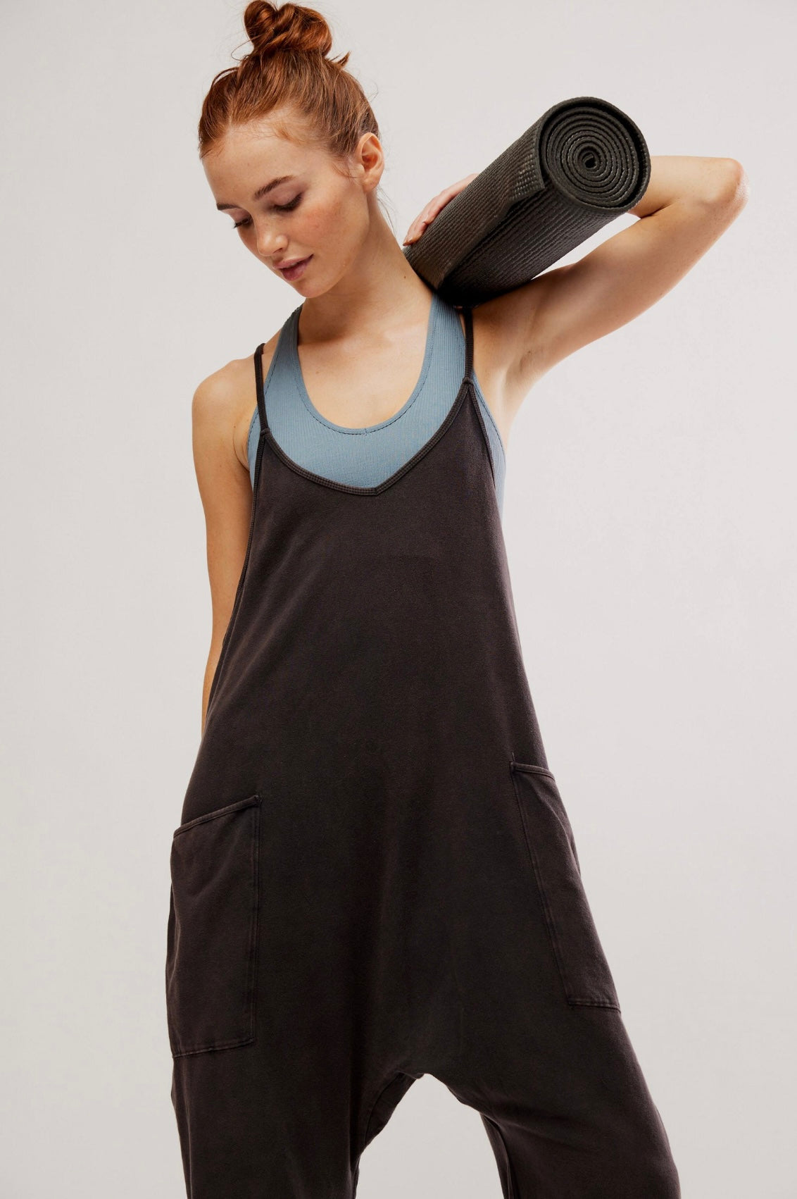 Free People 'Hot Shot' onesie, featuring a slouchy, oversized fit with dropped crotch and pockets, washed black