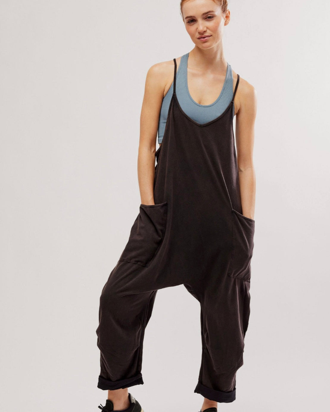 Free People 'Hot Shot' onesie, featuring a slouchy, oversized fit with dropped crotch and pockets, washed black