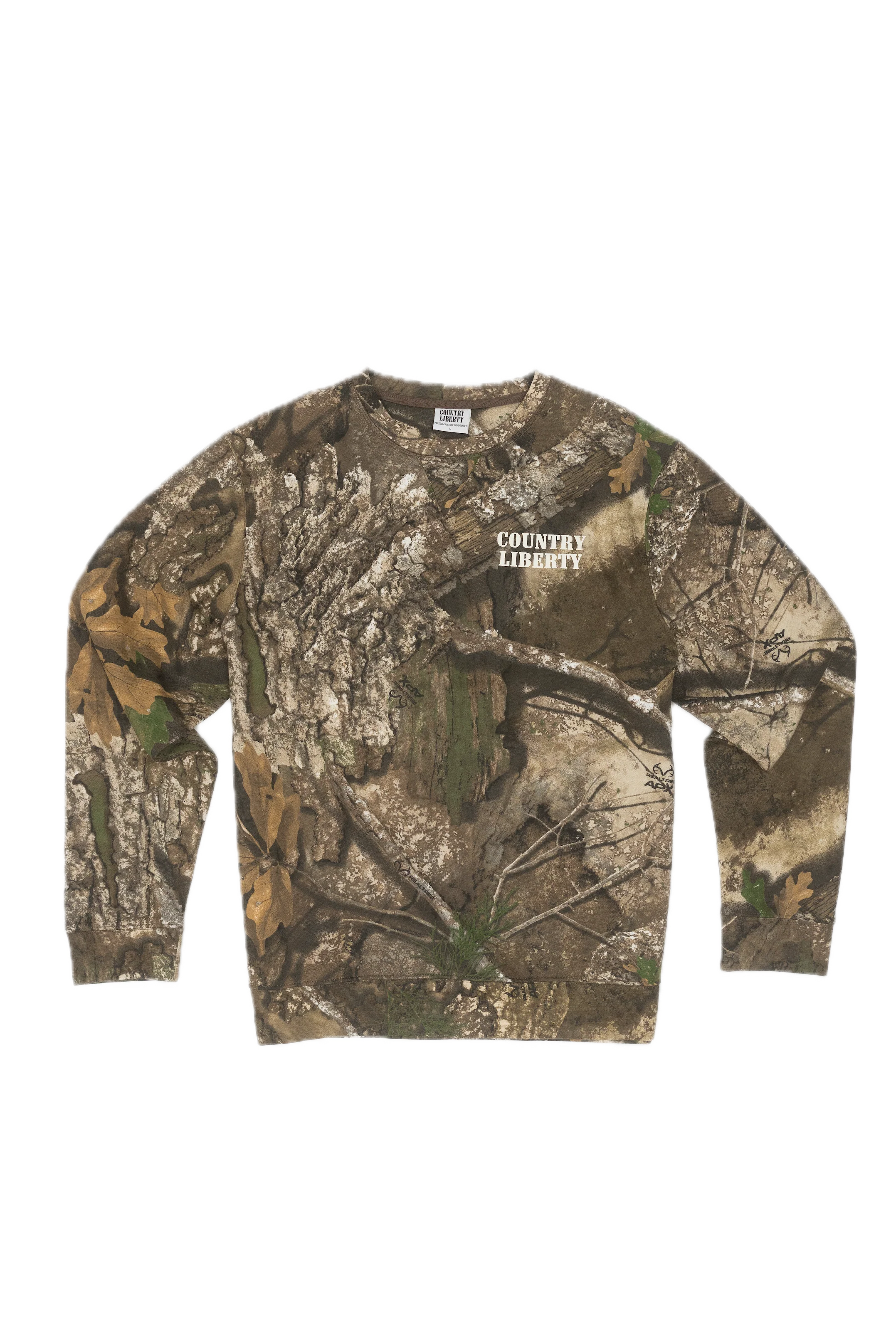 Country Liberty Realtree crewneck sweatshirt with allover camo print and relaxed fit