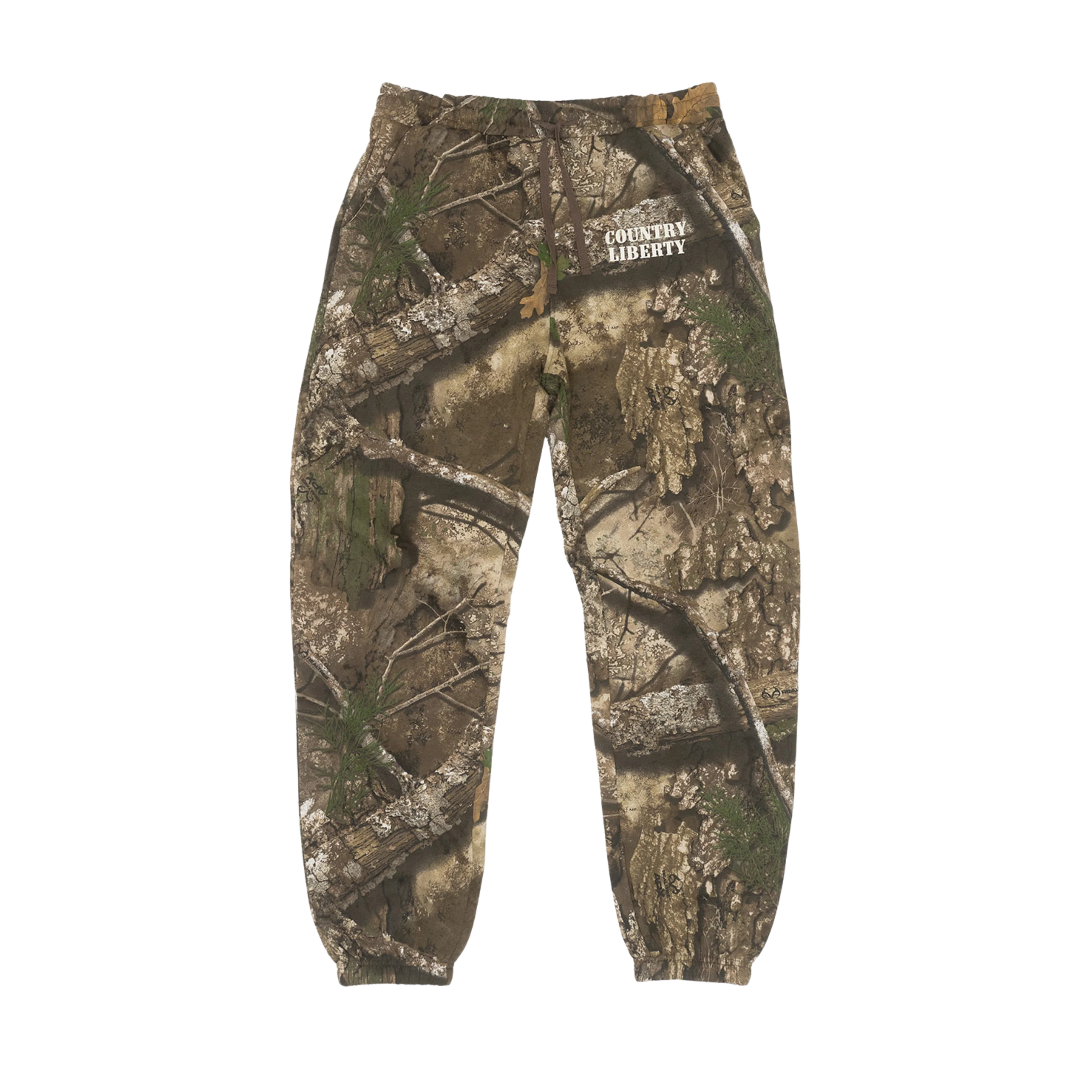 Country Liberty Realtree sweats with allover camo print and elastic waistband.