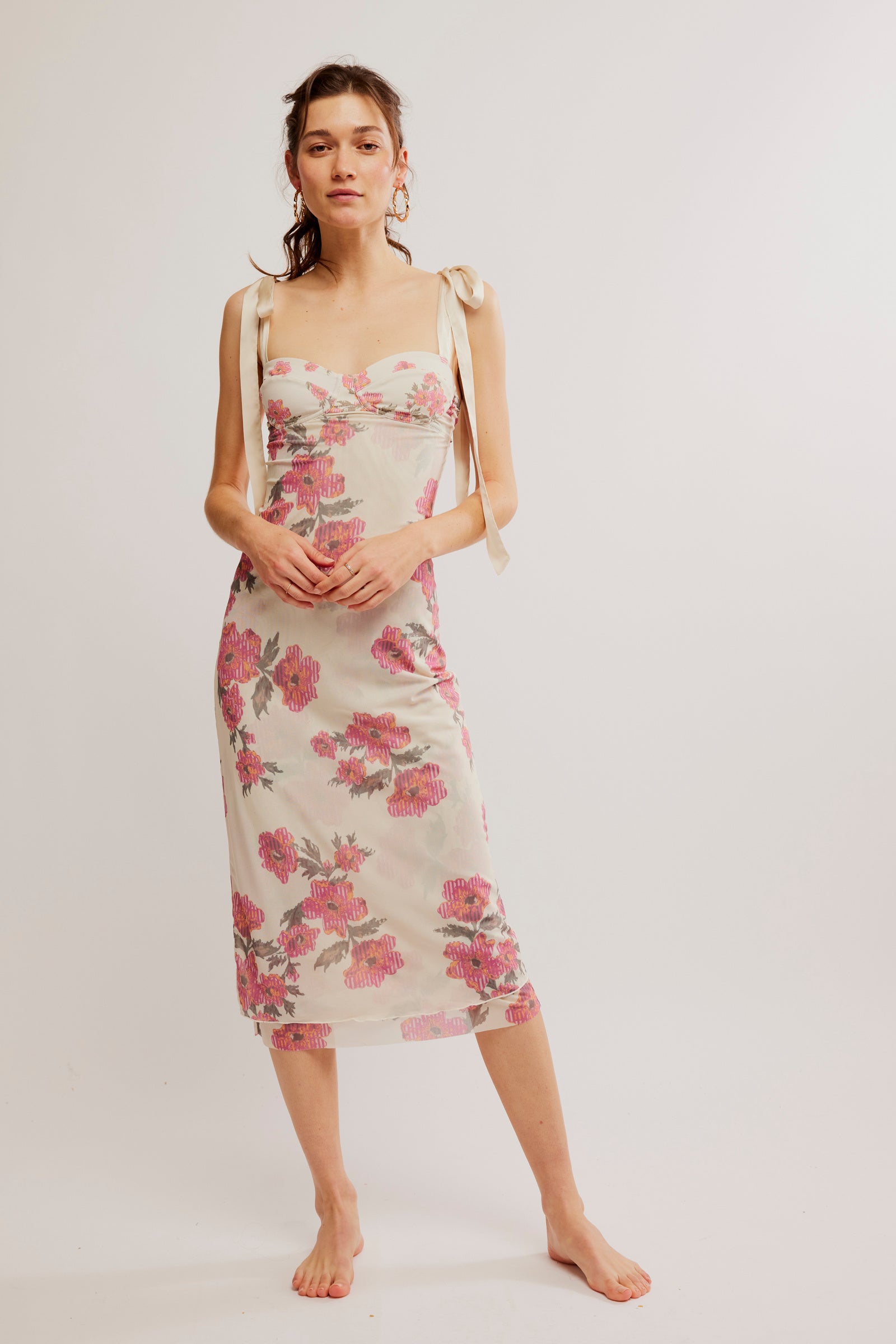 Free People Printed Got Glam Slip featuring a sweetheart neckline, flattering bust detail, and shoulder ties with lettuce-edge trim, Tea Combo