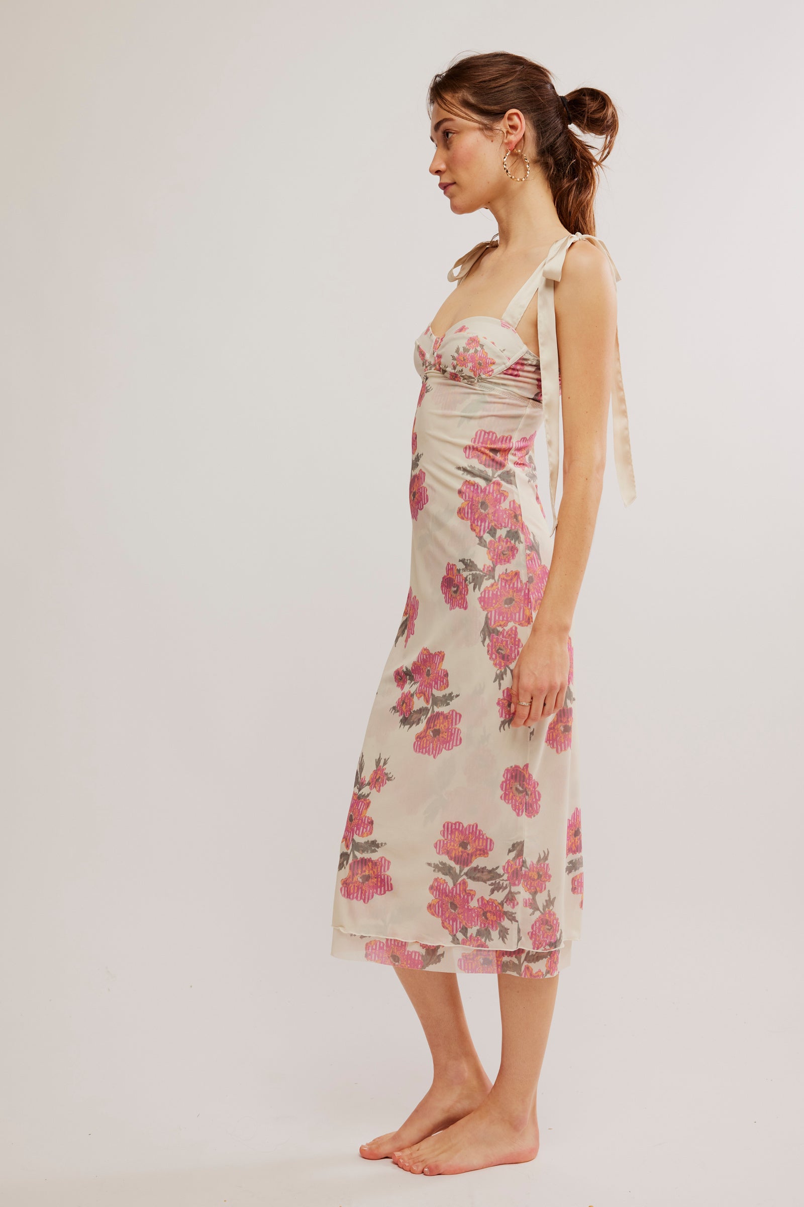 Free People Printed Got Glam Slip featuring a sweetheart neckline, flattering bust detail, and shoulder ties with lettuce-edge trim, Tea Combo