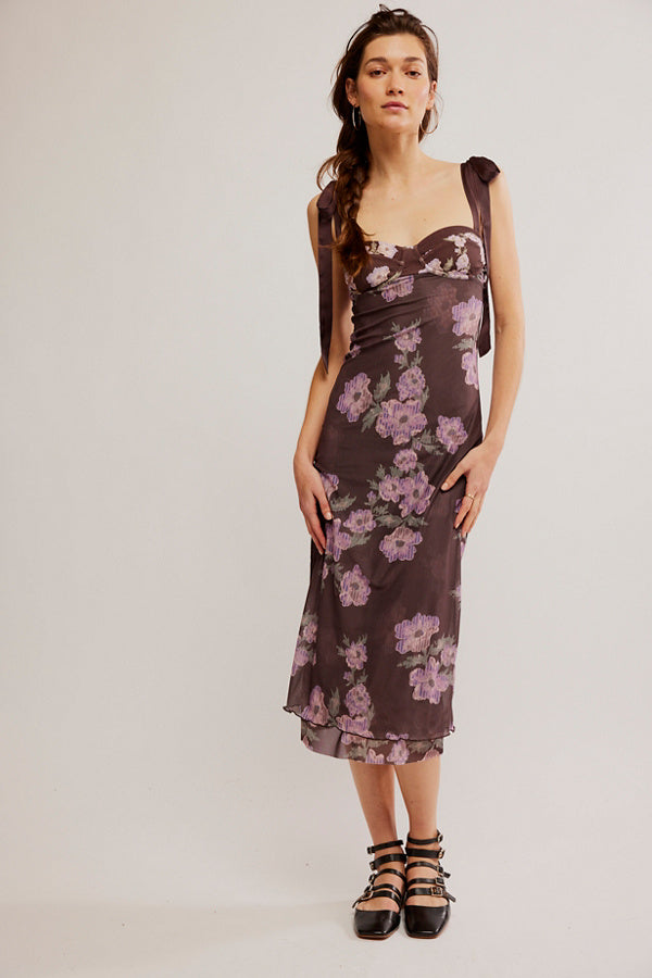 Free People Printed Got Glam Slip featuring a sweetheart neckline, flattering bust detail, and shoulder ties with lettuce-edge trim, Chocolate Combo