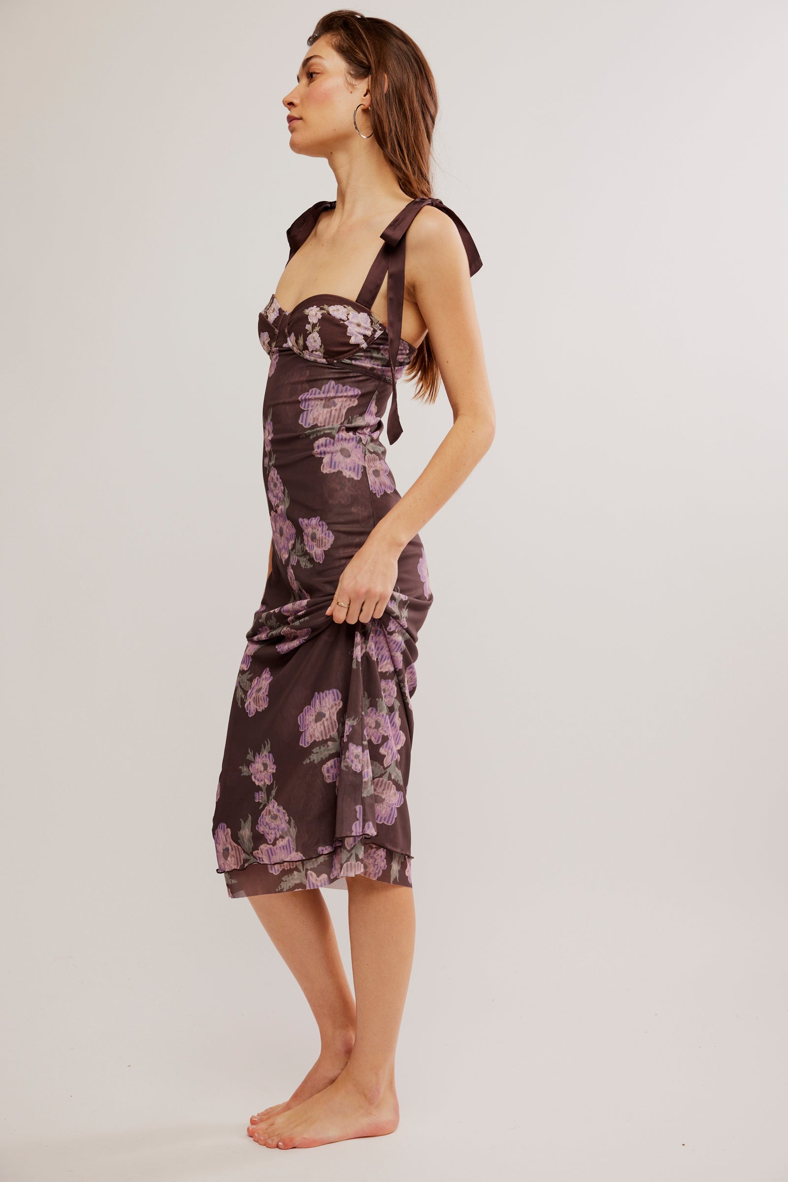 Free People Printed Got Glam Slip featuring a sweetheart neckline, flattering bust detail, and shoulder ties with lettuce-edge trim, Chocolate Combo