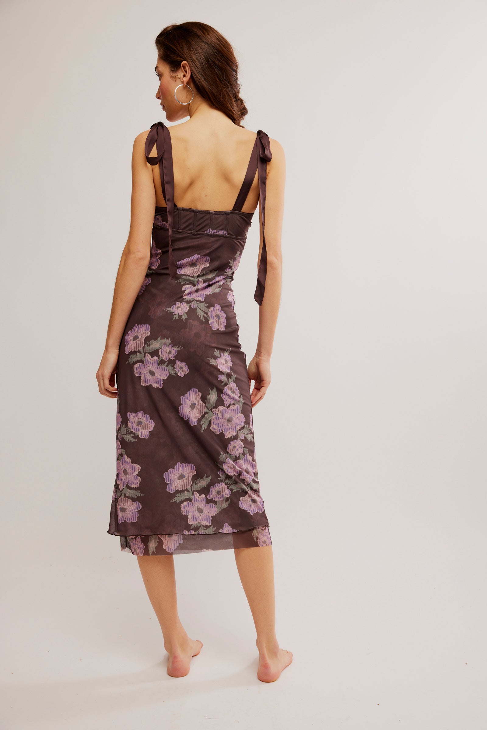 Free People Printed Got Glam Slip featuring a sweetheart neckline, flattering bust detail, and shoulder ties with lettuce-edge trim, Chocolate Combo