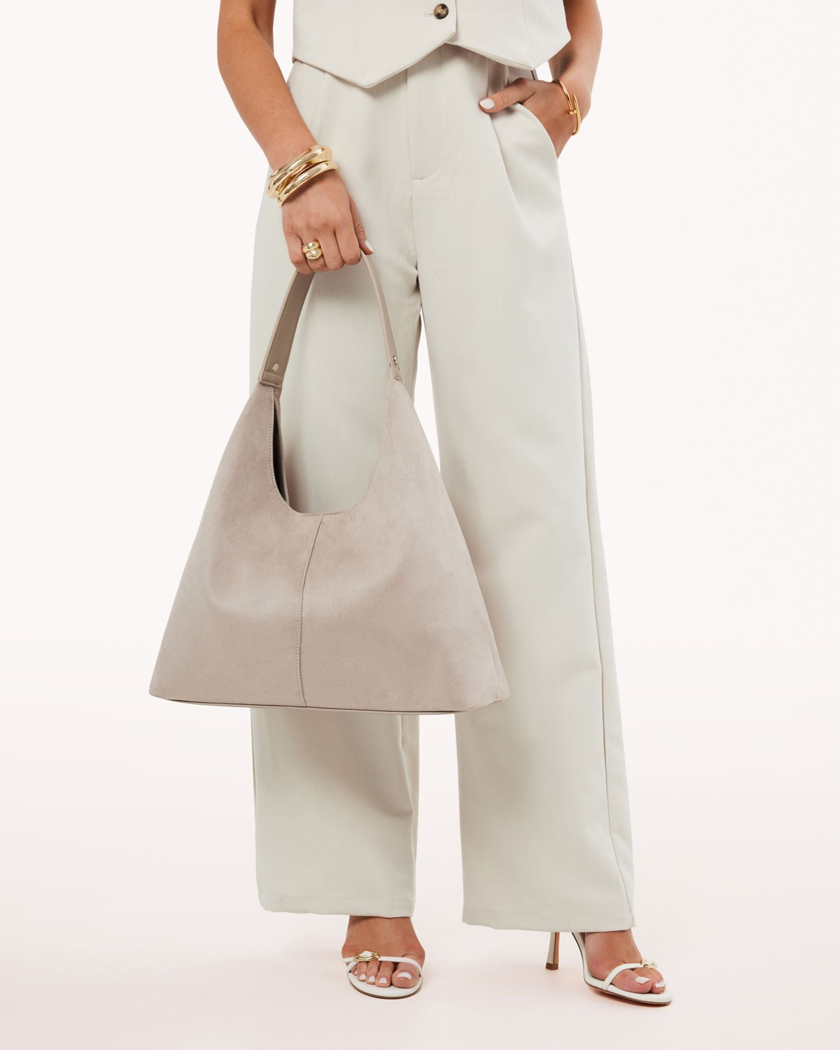 Tammy Suede Shoulder Bag with fixed shoulder strap, magnetic snap closure, and soft suede texture with structured base, Mist Suede