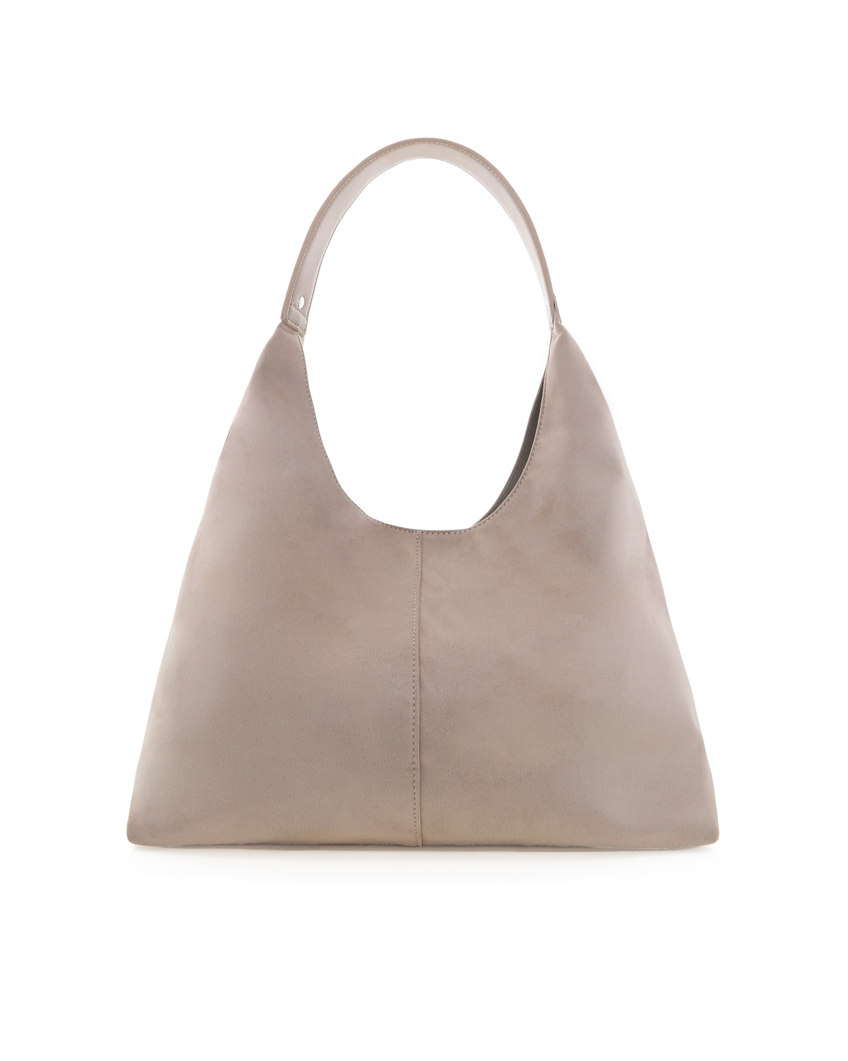 Tammy Suede Shoulder Bag with fixed shoulder strap, magnetic snap closure, and soft suede texture with structured base, Mist Suede