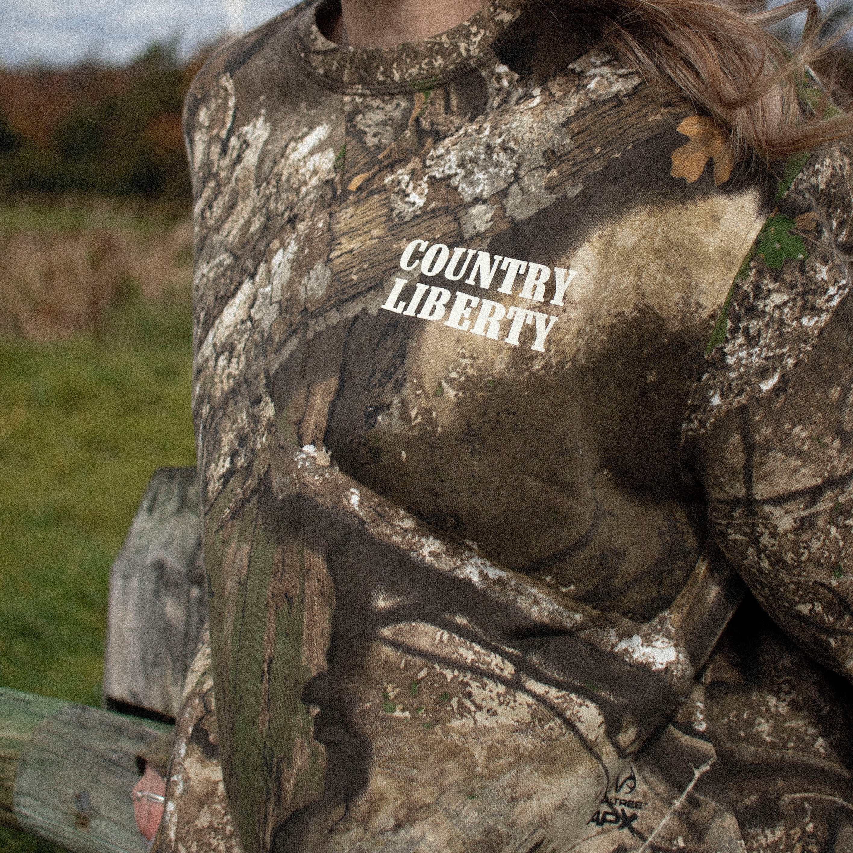 Country Liberty Realtree crewneck sweatshirt with allover camo print and relaxed fit