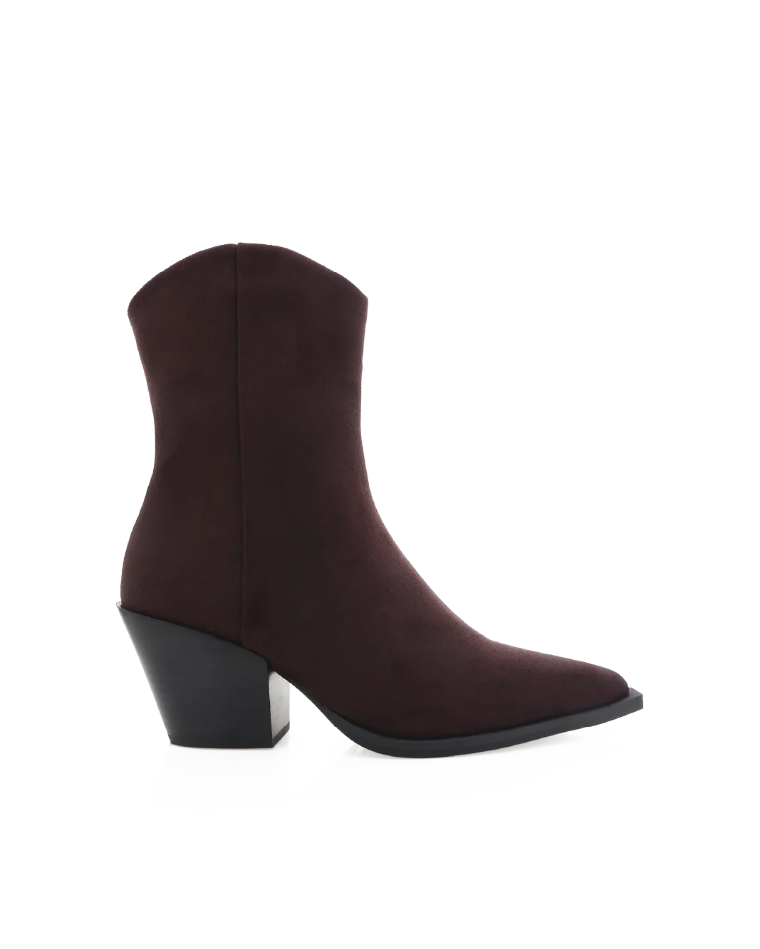 Maysa Suede Ankle Boot with mid-height block heel, zip closure on inner side, and smooth synthetic suede finish, Chocolate Suede