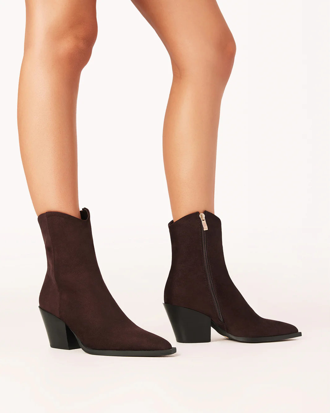 Maysa Suede Ankle Boot with mid-height block heel, zip closure on inner side, and smooth synthetic suede finish, Chocolate Suede