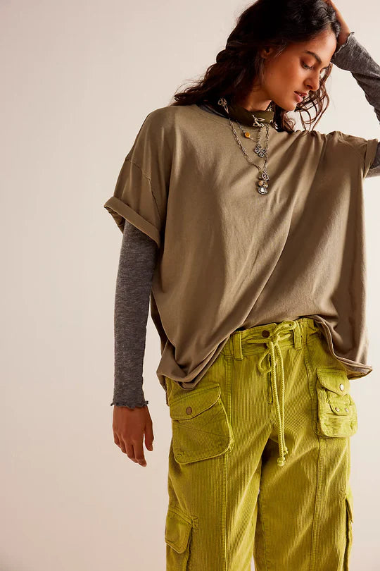 Free People The Nina Tee – A relaxed, classic-fit tee made from soft fabric, offering a comfortable and casual style, Olive Stone