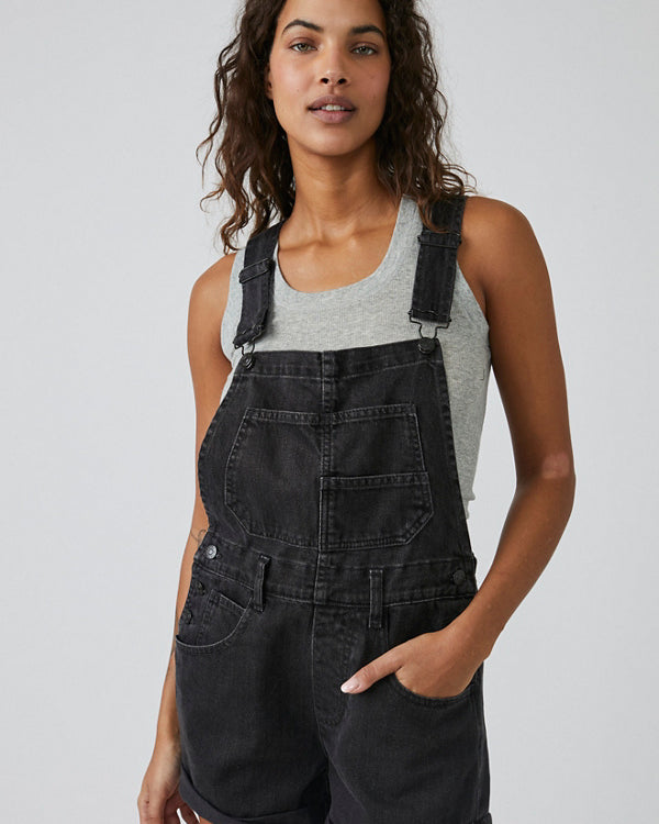 Free People Ziggy Shortalls – Denim shortalls with a relaxed fit, adjustable straps, and a distressed, vintage-inspired look for a casual, effortless style, Mineral Black