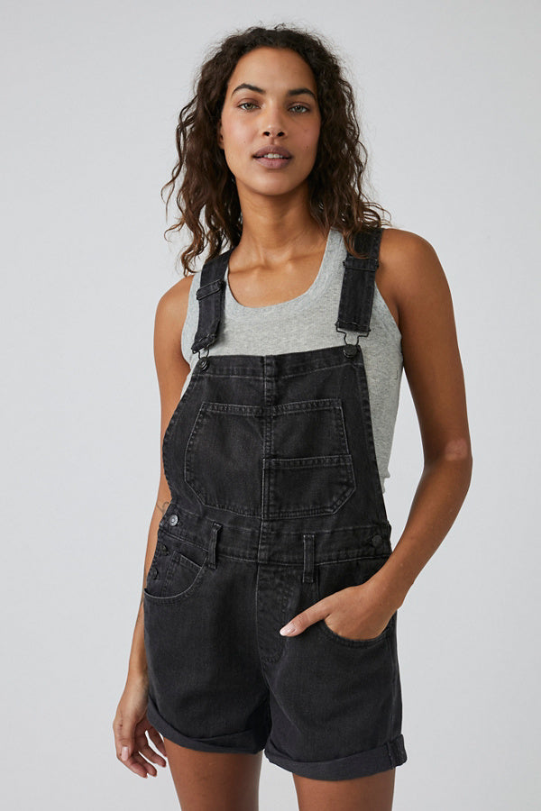 Free People Ziggy Shortalls – Denim shortalls with a relaxed fit, adjustable straps, and a distressed, vintage-inspired look for a casual, effortless style, Mineral Black