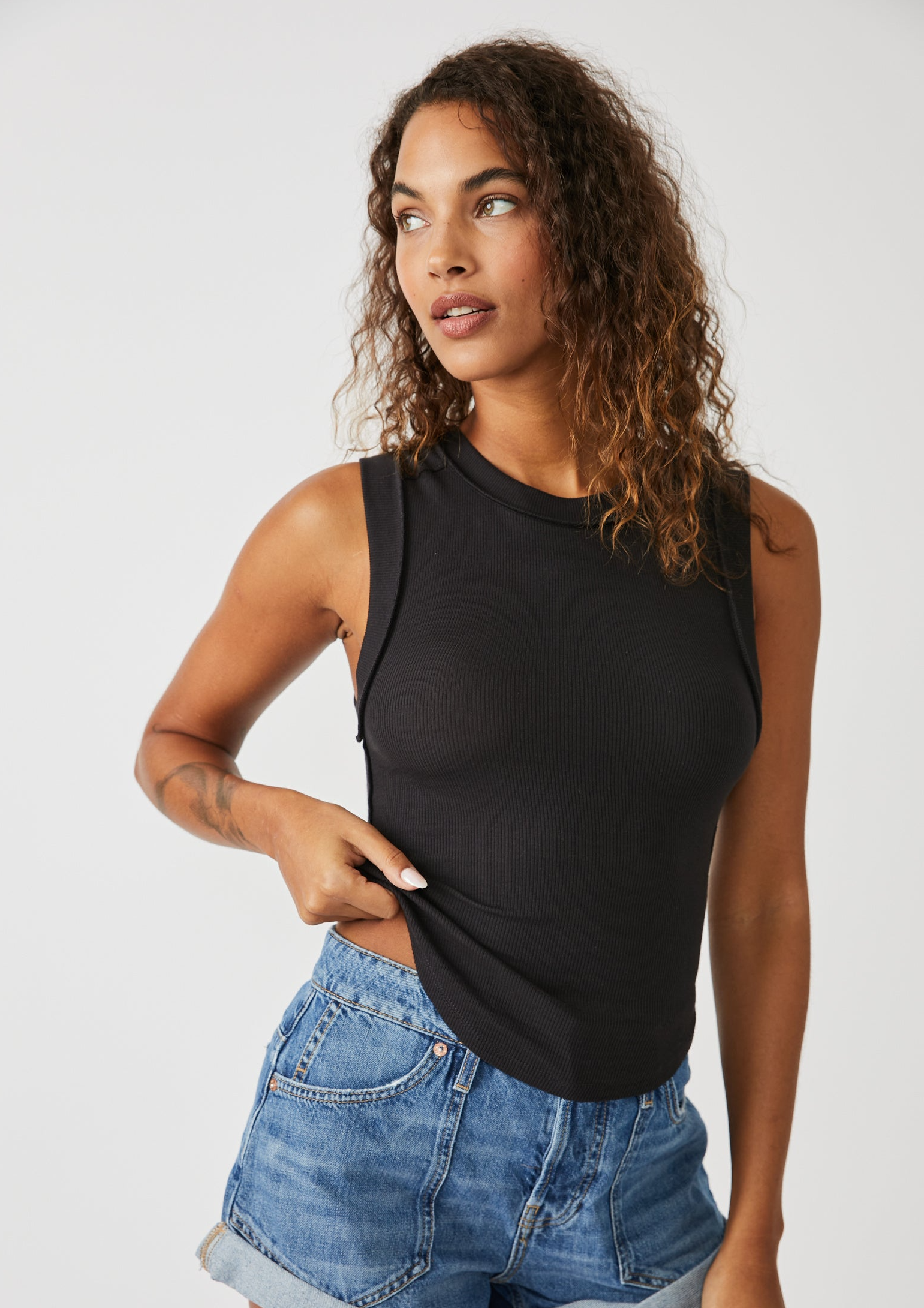Free People Kate Tee made from soft fabric with a relaxed fit and a round neckline, Black