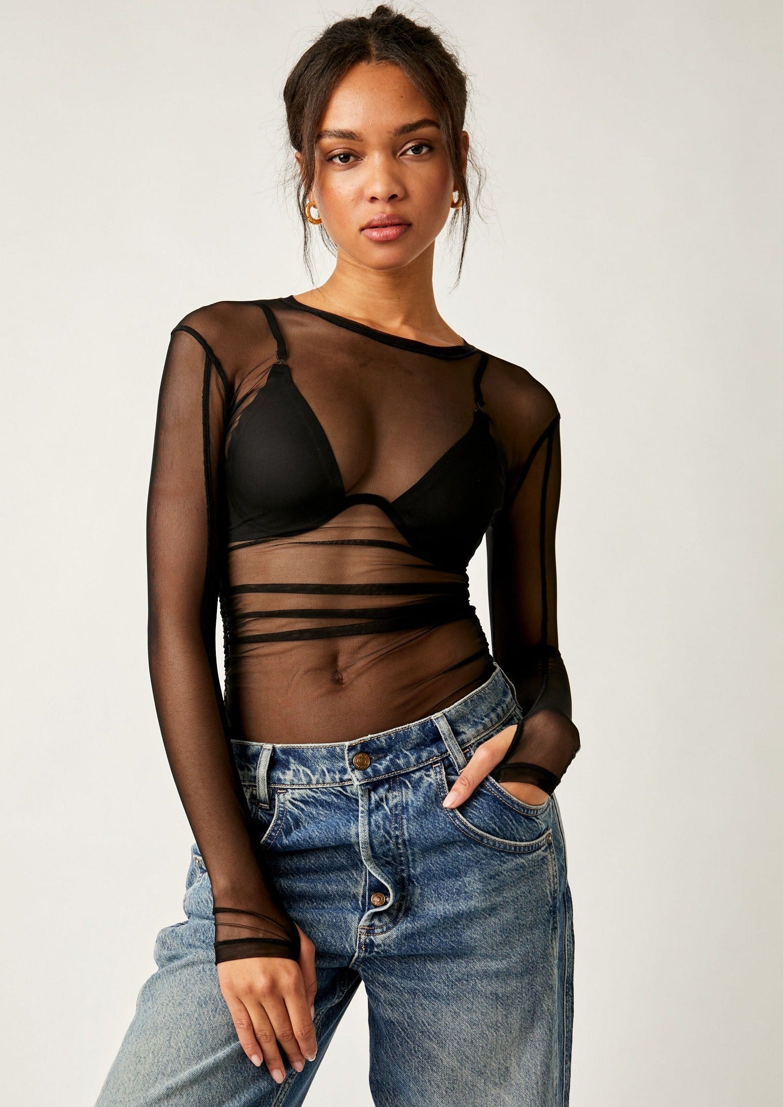 Free People Last Layer Long Sleeve – A fitted mesh long sleeve top with a scoop neckline, offering a lightweight, breathable layer for a stylish and comfortable look, Black