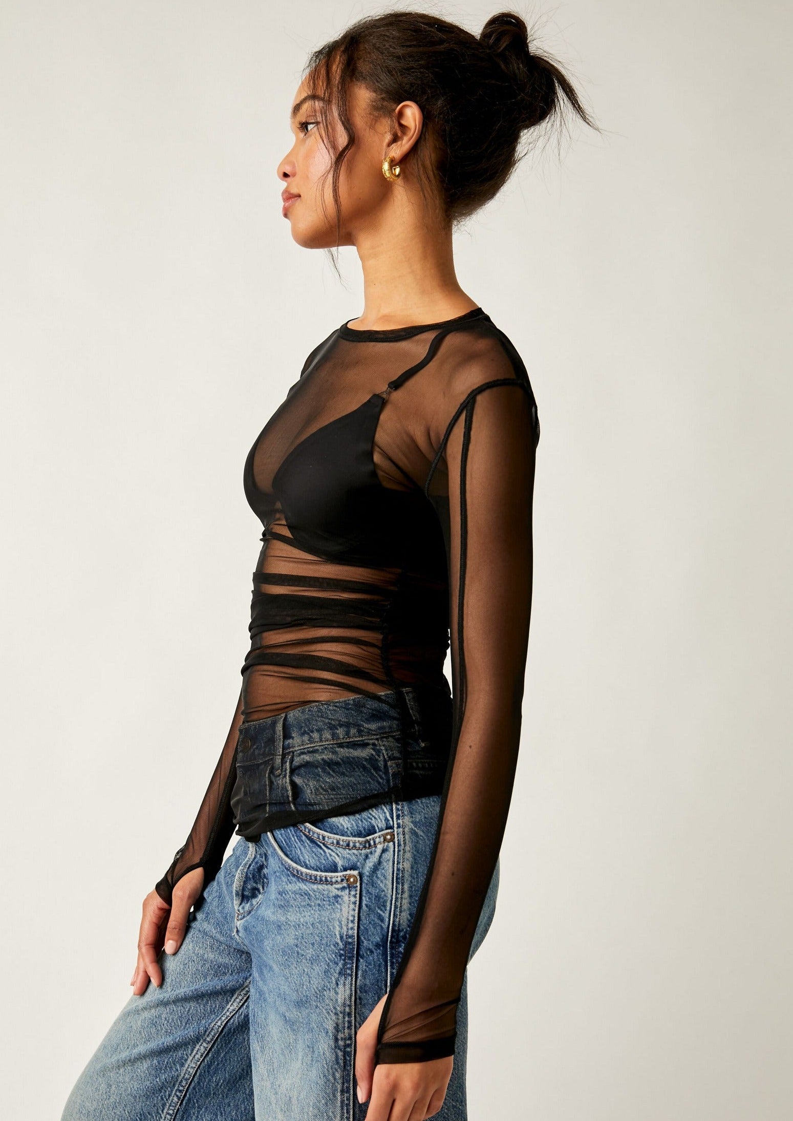 Free People Last Layer Long Sleeve – A fitted mesh long sleeve top with a scoop neckline, offering a lightweight, breathable layer for a stylish and comfortable look, Black