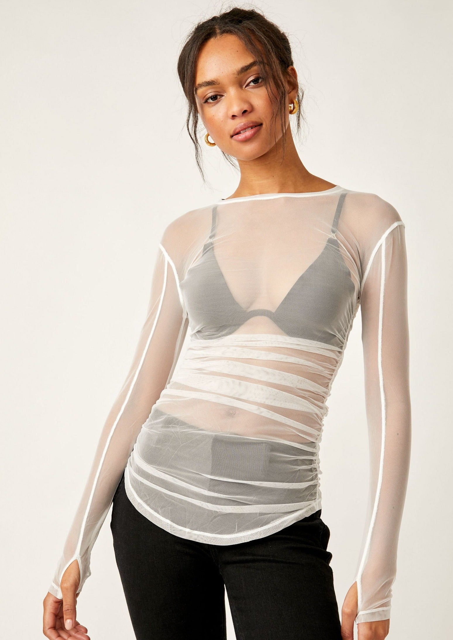 Free People Last Layer Long Sleeve – A fitted mesh long sleeve top with a scoop neckline, offering a lightweight, breathable layer for a stylish and comfortable look, Ivory