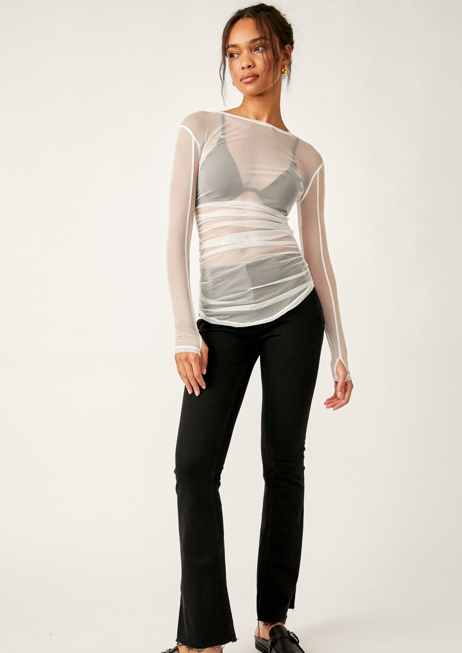Free People Last Layer Long Sleeve – A fitted mesh long sleeve top with a scoop neckline, offering a lightweight, breathable layer for a stylish and comfortable look, Ivory