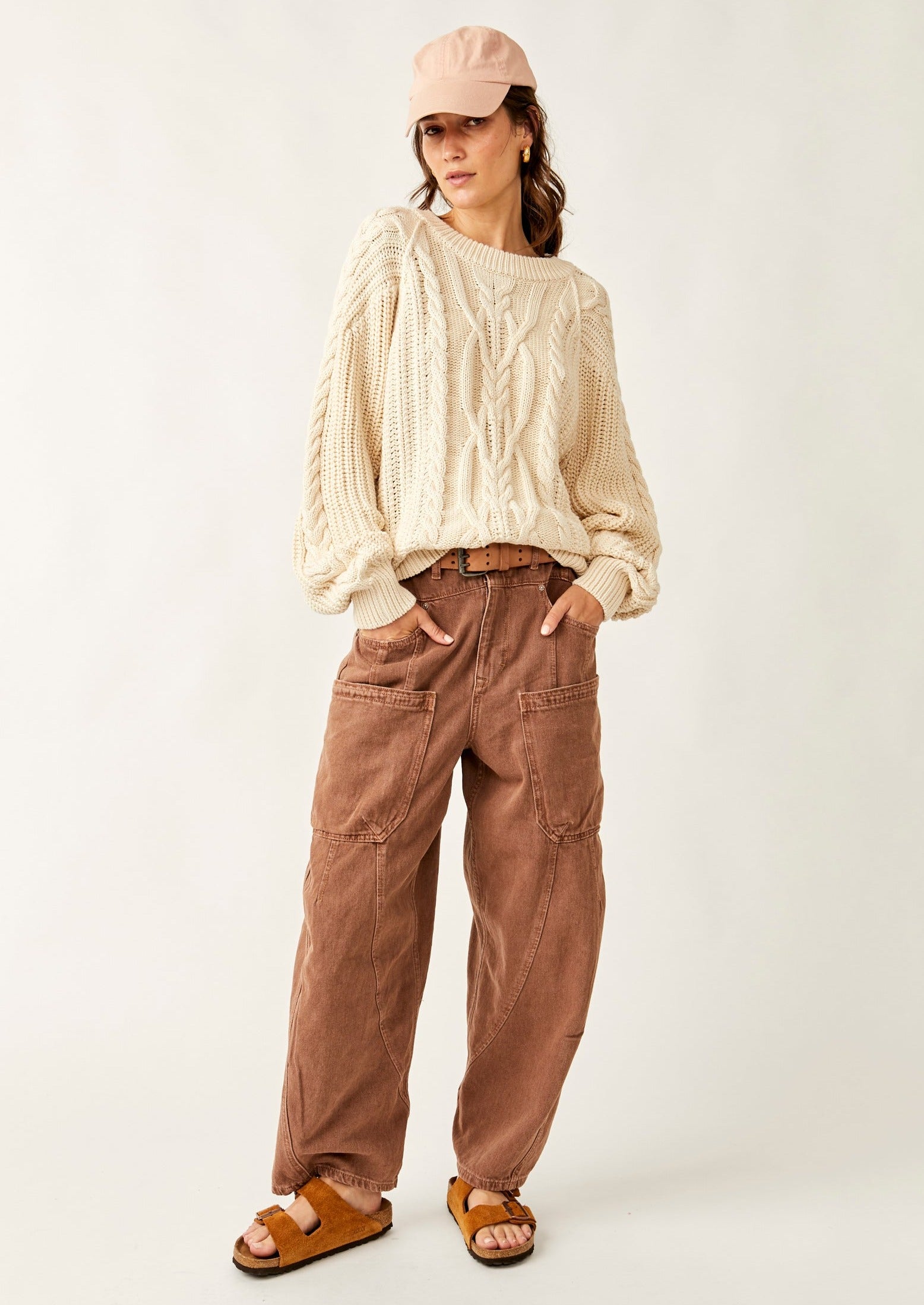 Free People Frankie Cable Sweater featuring a cozy knit design with textured cable detailing, a relaxed fit, and a slightly oversized silhouette, perfect for layering or wearing on its own for a casual, comfy look, Ivory