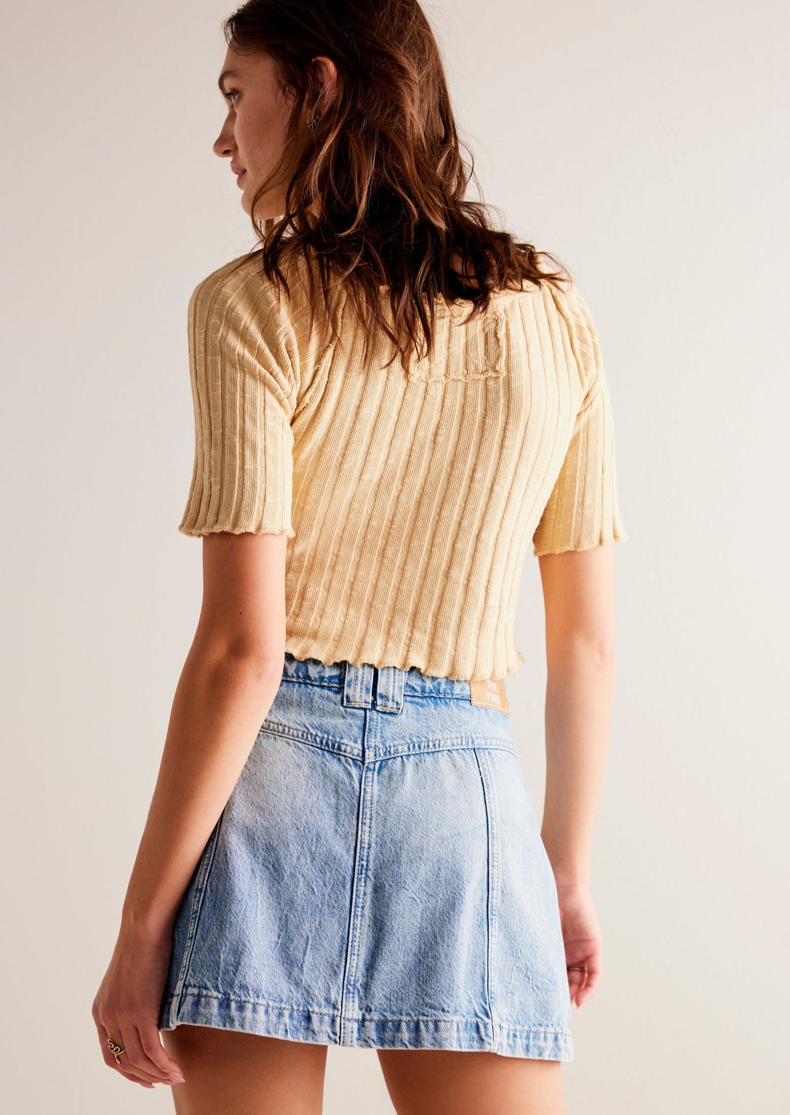 Free People Midnight Sun Skort made from denim with a relaxed fit and button-front closure, First Love