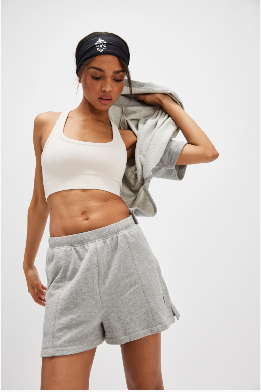 Free People Back Me Up Set – A relaxed, breathable two-piece set featuring a tunic-style top with side seam slits and a crew neckline, paired with high-rise shorts with side pockets and a dropped inseam, Heather Grey
