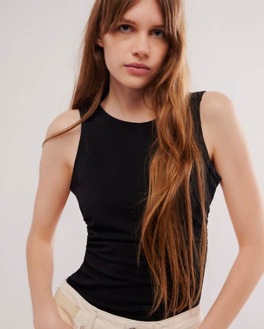 Free People Wear It Out Backless Cami with a crew neckline, fitted style, and open back design, Black