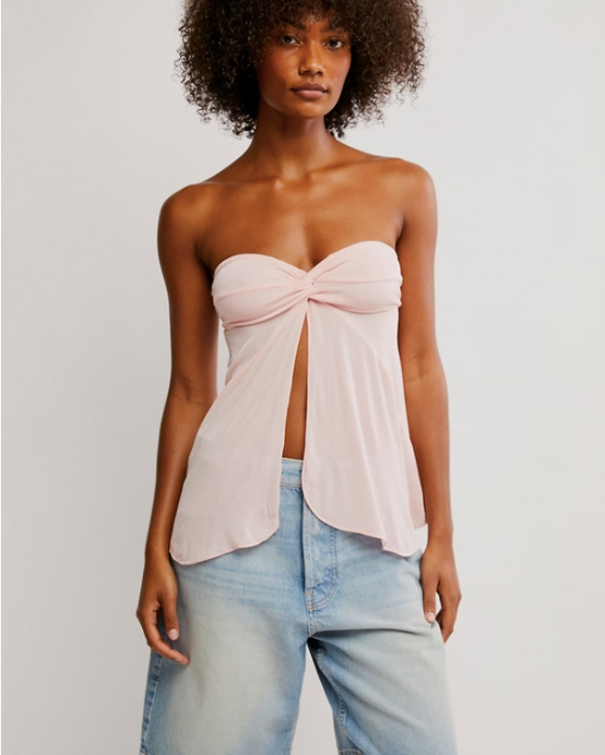 Free People Call Me Later Tunic – A chic strapless tunic-length top with a fitted bust, twisted detail at the sweetheart neckline, and a center-front split, made from soft, stretchy fabric for a versatile, stylish look, Pink