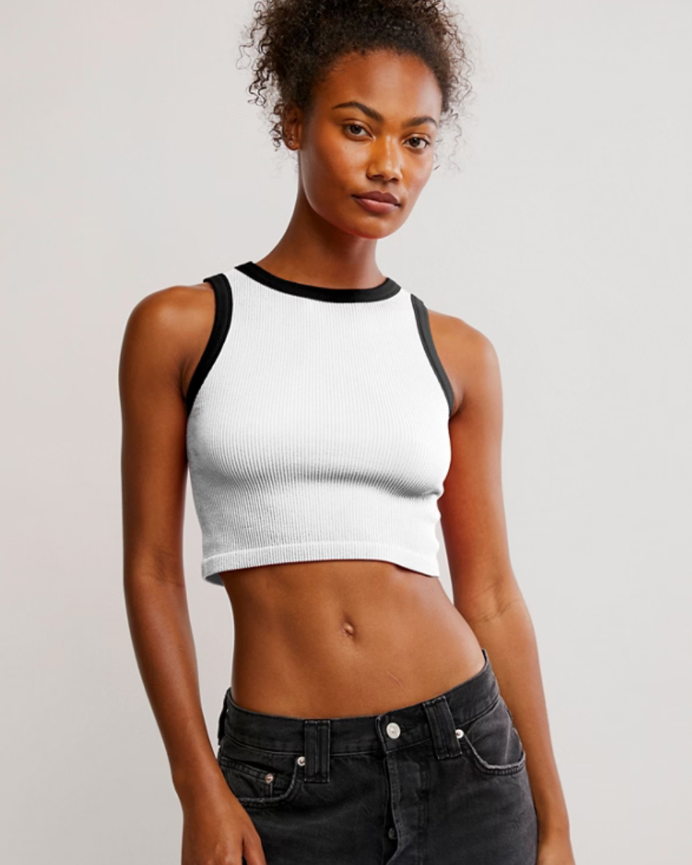 Free People Make It Happen Brami with a stretchy, snug fit, scoop neckline, and cropped design, Black/White