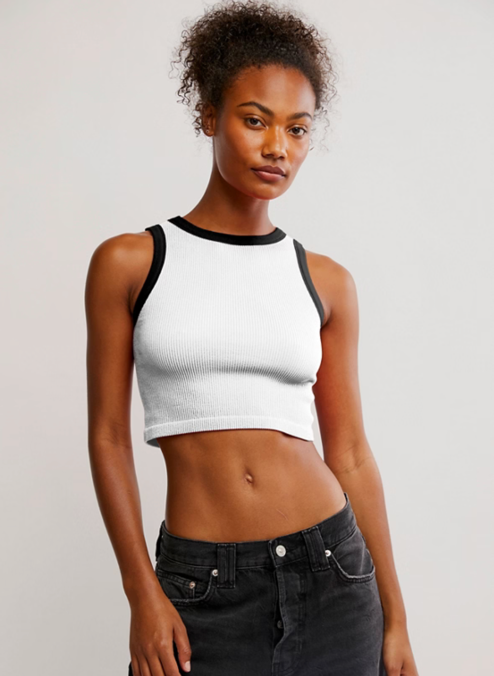 Free People Make It Happen Brami with a stretchy, snug fit, scoop neckline, and cropped design, Black/White