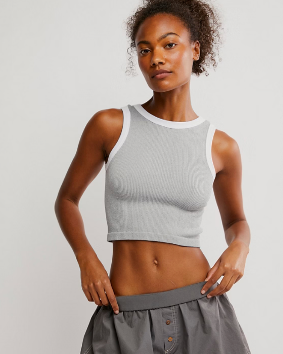Free People Make It Happen Brami with a stretchy, snug fit, scoop neckline, and cropped design, Grey/White