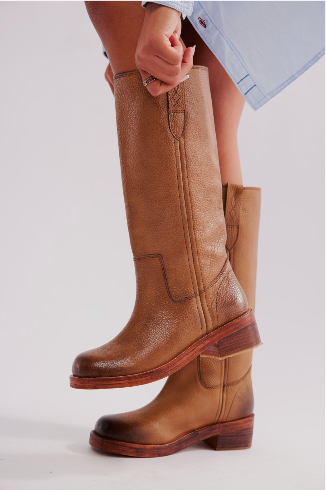 Free People Blaze Pull-On Boots featuring a tall silhouette, square toe, and stacked leather heel with distressed details, Toast Leather