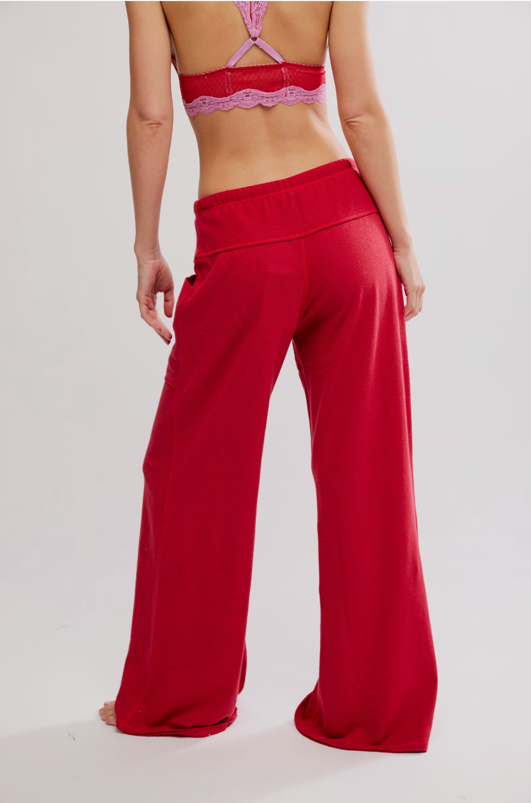 Free People Staycation lounge pants, soft knit with wide-leg silhouette and relaxed cozy fit, Deep Cherry