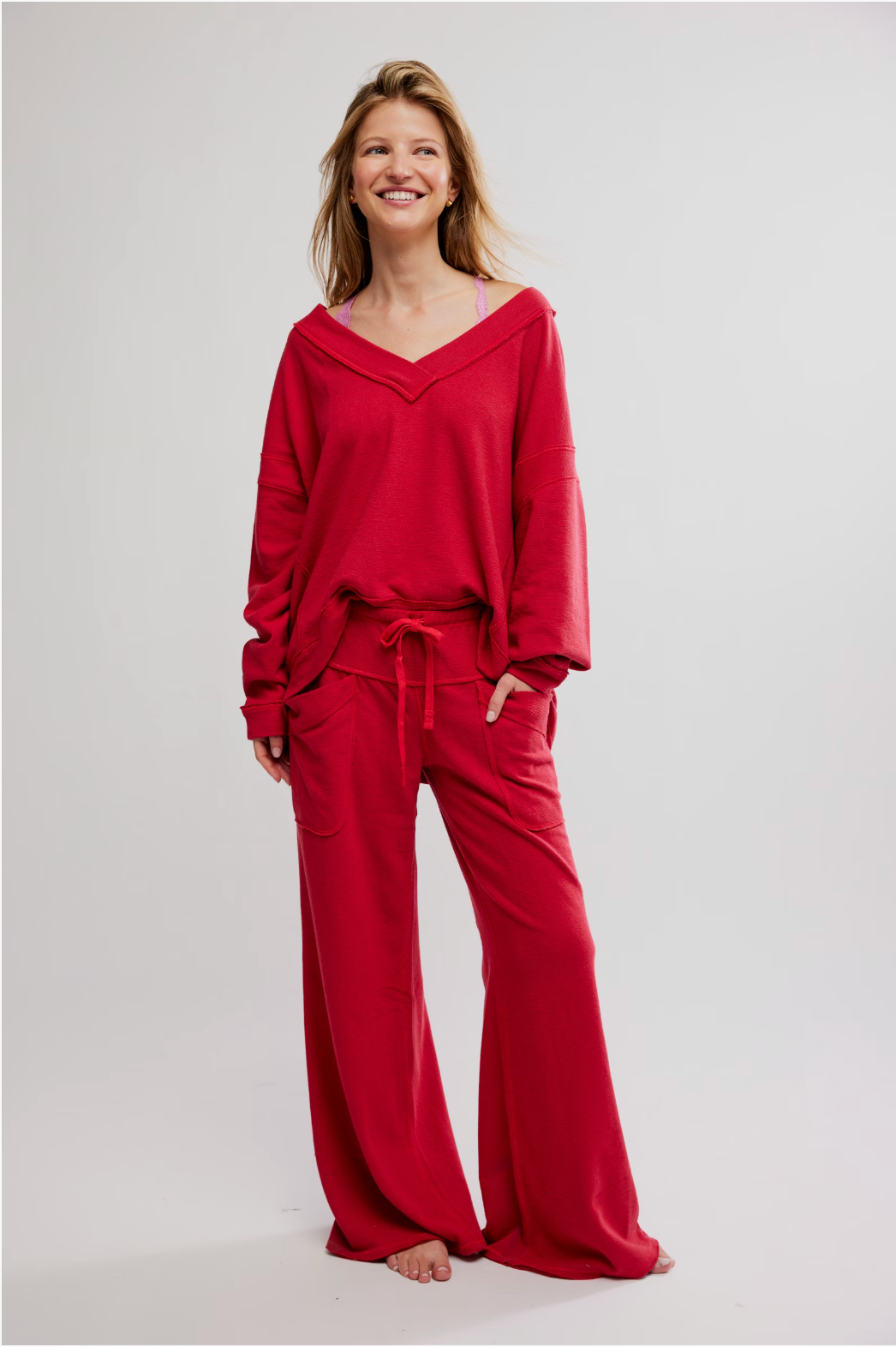 Free People Staycation lounge pants, soft knit with wide-leg silhouette and relaxed cozy fit, Deep Cherry
