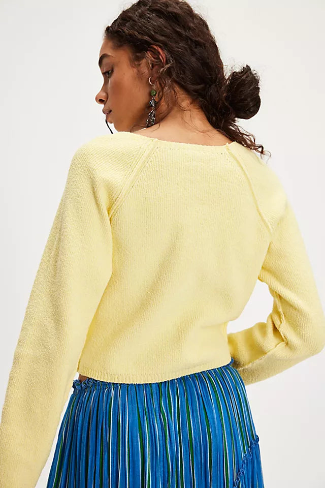 Free People Sydney Shrunken Cardi – A cropped, fitted cardigan with a button-down front, knit texture, and long sleeves, offering a cozy and stylish layer, Sunshine Time