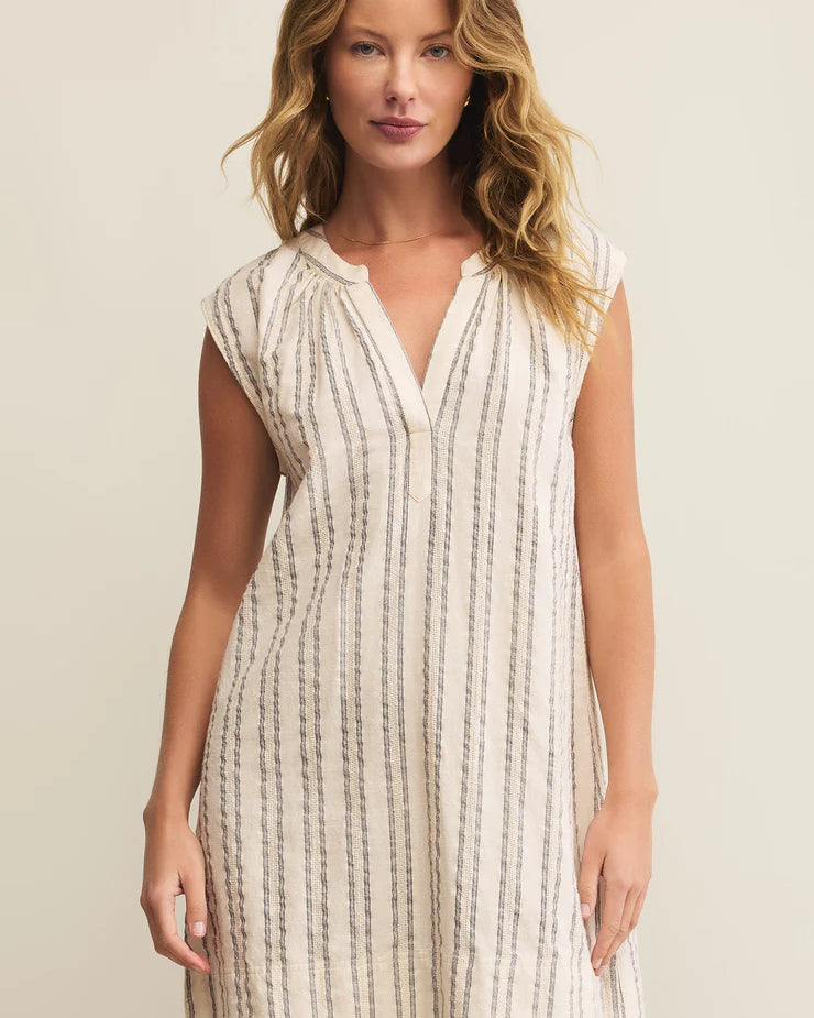 Z Supply Minna Stripe Mini Dress with V-neck, sleeveless cut, soft knit fabric, and stripe pattern for casual summer style, Sea Salt