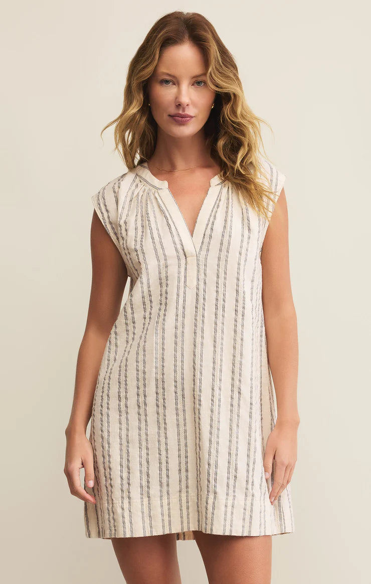 Z Supply Minna Stripe Mini Dress with V-neck, sleeveless cut, soft knit fabric, and stripe pattern for casual summer style, Sea Salt