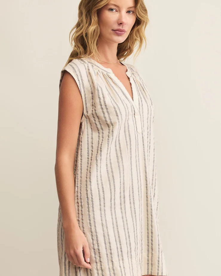 Z Supply Minna Stripe Mini Dress with V-neck, sleeveless cut, soft knit fabric, and stripe pattern for casual summer style, Sea Salt
