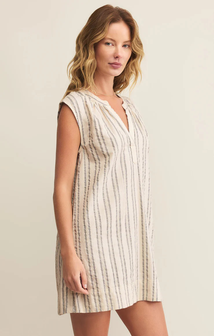 Z Supply Minna Stripe Mini Dress with V-neck, sleeveless cut, soft knit fabric, and stripe pattern for casual summer style, Sea Salt