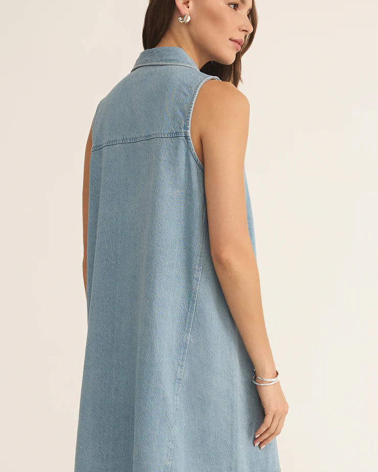 Z Supply New Light Twill Mini Dress for women, featuring soft twill fabric, relaxed fit, sleeveless design, and mini length — a casual staple for everyday wear, Light Vintage Indigo