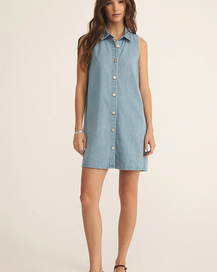 Z Supply New Light Twill Mini Dress for women, featuring soft twill fabric, relaxed fit, sleeveless design, and mini length — a casual staple for everyday wear, Light Vintage Indigo