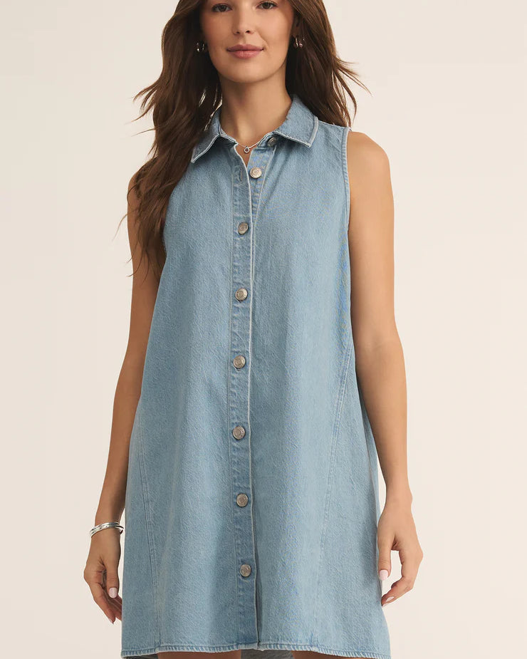 Z Supply New Light Twill Mini Dress for women, featuring soft twill fabric, relaxed fit, sleeveless design, and mini length — a casual staple for everyday wear, Light Vintage Indigo