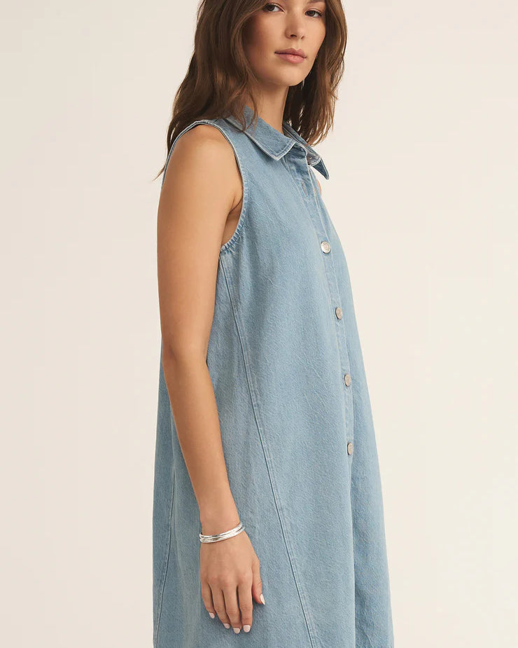 Z Supply New Light Twill Mini Dress for women, featuring soft twill fabric, relaxed fit, sleeveless design, and mini length — a casual staple for everyday wear, Light Vintage Indigo