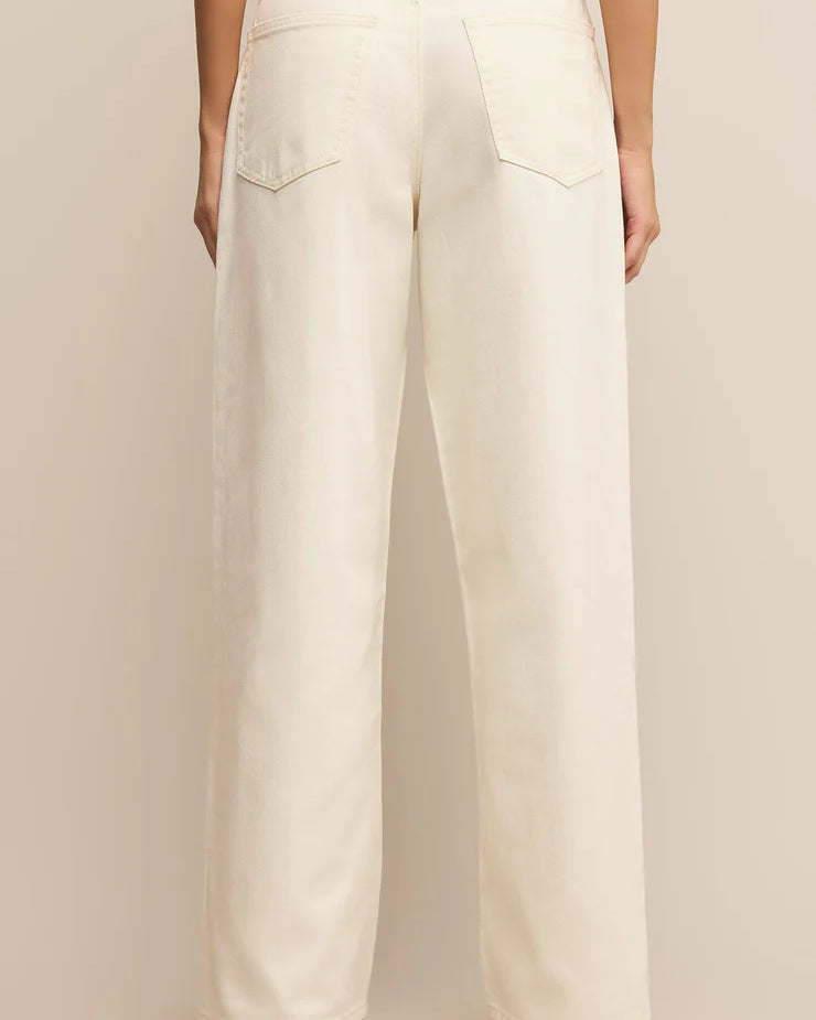 Z Supply Lou Denim Pant, featuring a relaxed fit, high-rise waist, soft stretch denim fabric, and casual straight-leg silhouette, Off White