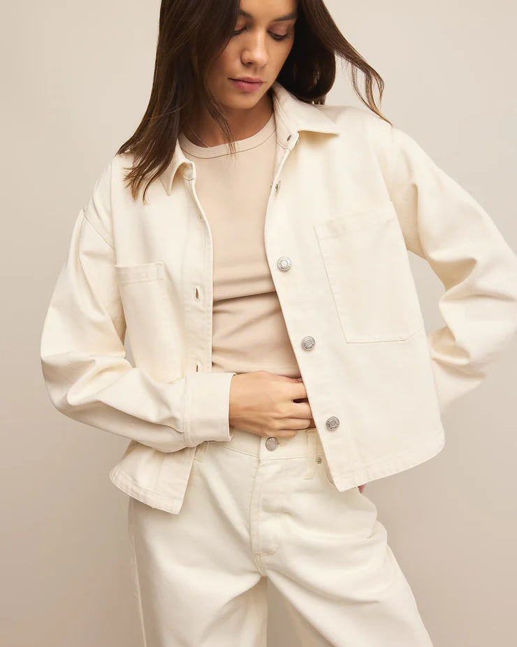 Z Supply Lou Denim Pant, featuring a relaxed fit, high-rise waist, soft stretch denim fabric, and casual straight-leg silhouette, Off White