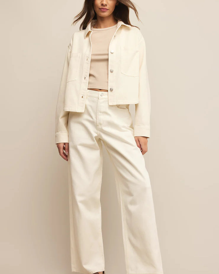 Z Supply Lou Denim Pant, featuring a relaxed fit, high-rise waist, soft stretch denim fabric, and casual straight-leg silhouette, Off White