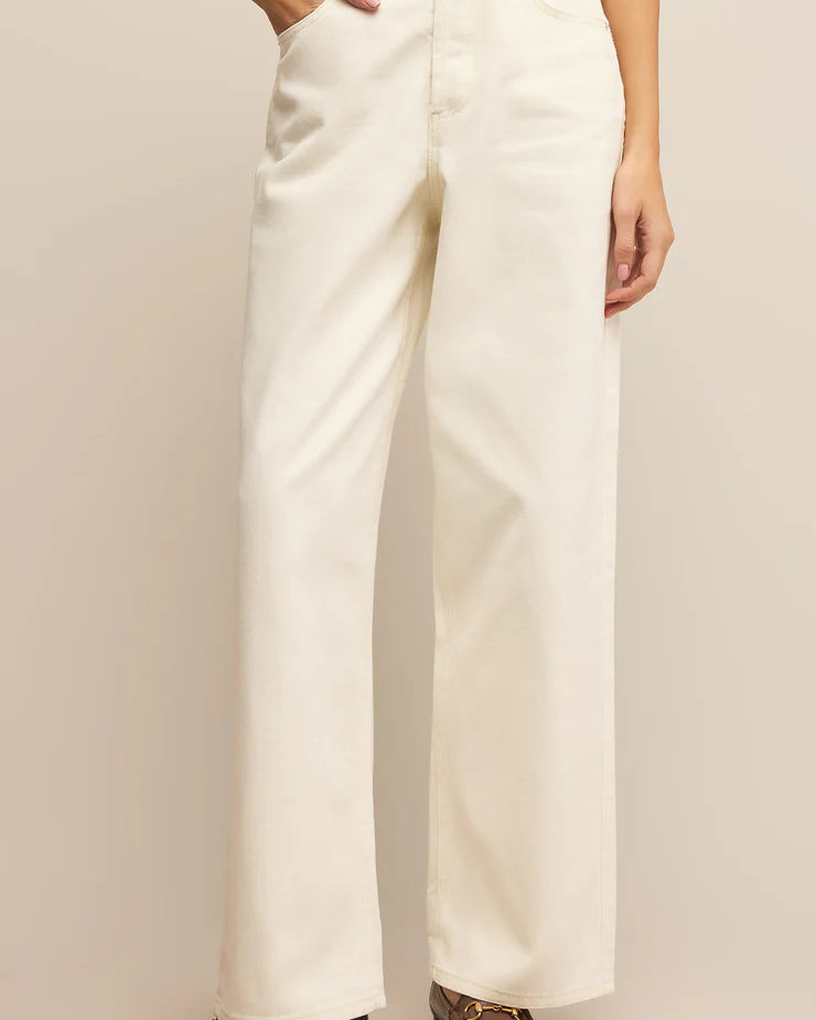 Z Supply Lou Denim Pant, featuring a relaxed fit, high-rise waist, soft stretch denim fabric, and casual straight-leg silhouette, Off White